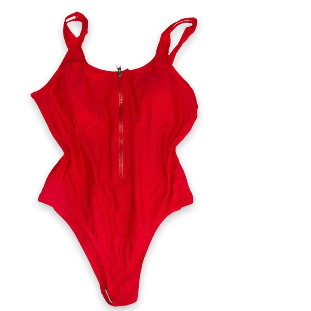 SHEIN Red Zipper Front One Piece Swimsuit